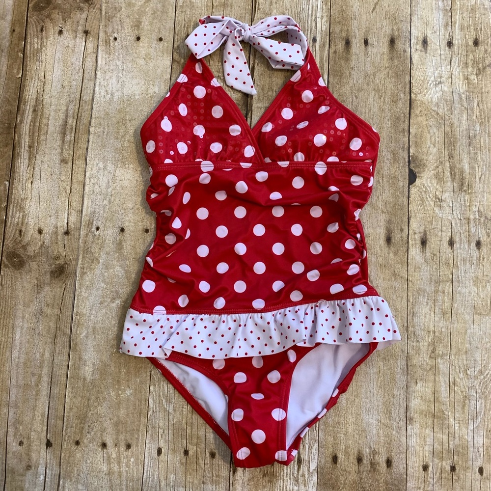 Infant girl red polka dot swim suit Justice Sz 10m